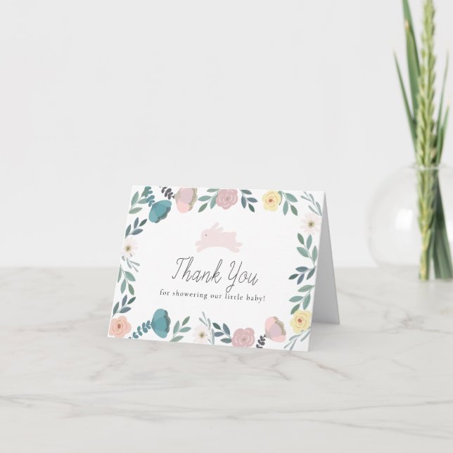 Floral Garden Bunny White Baby Shower Thank You Card (Front)