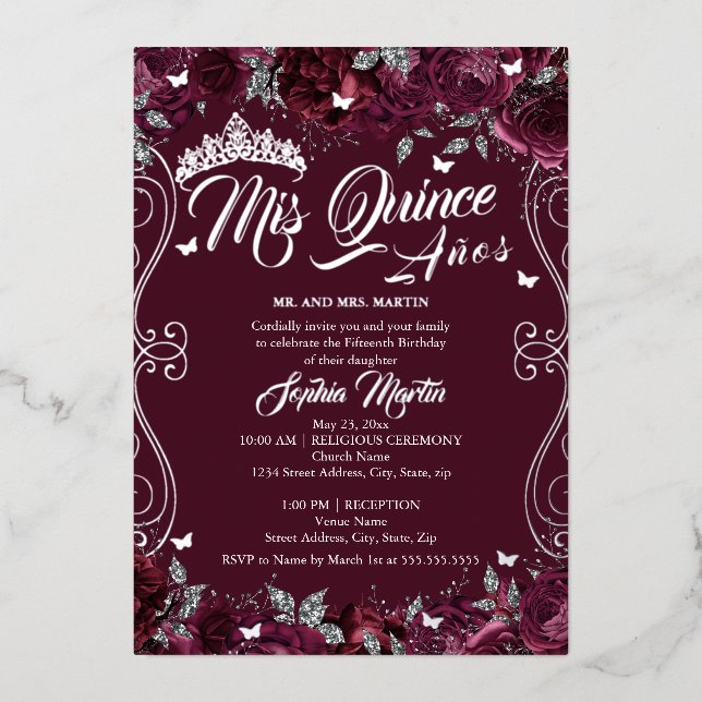 Floral Garden Burgundy Mis Quince Quinceanera  Foil Invitation (Front)