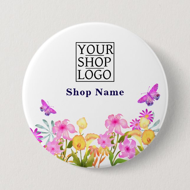 Floral Garden Business Name Logo White Button (Front)