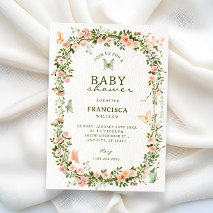 Floral garden butterflies baby shower invitation
