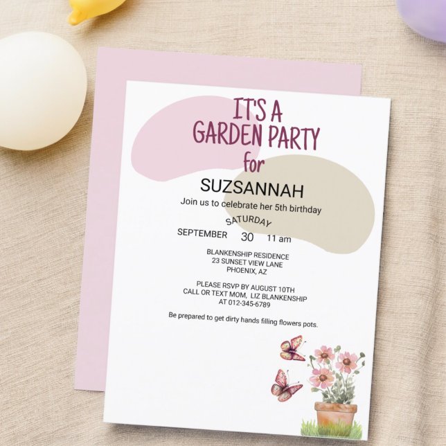 Floral Garden Butterflies Dragonflies Watercolor  Invitation (front and back garden party invitation template)