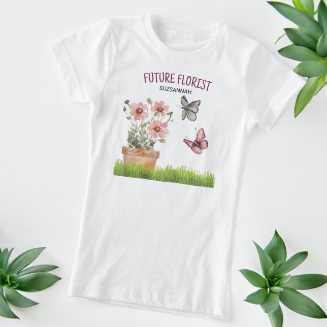 Floral Garden Butterflies Dragonflies Watercolor  T-Shirt (Front template text tee shirt design)