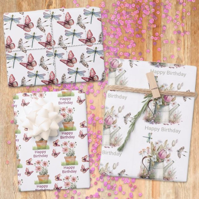 Floral Garden Butterflies Dragonflies Watercolor  Wrapping Paper Sheets (This three sheet gift wrap offers a floral, butterfly and dragonfly design for any occasion.)