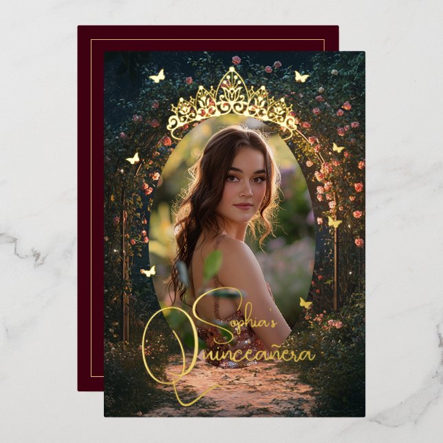 Floral Garden Butterfly Photo Burgundy Quinceanera Foil Invitation (Front/Back)