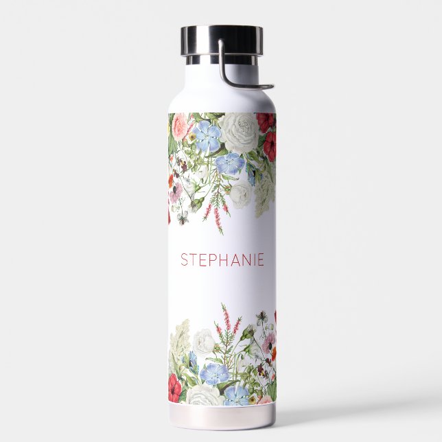 Floral Garden Colorful Flowers Custom Name  Water Bottle (Left)