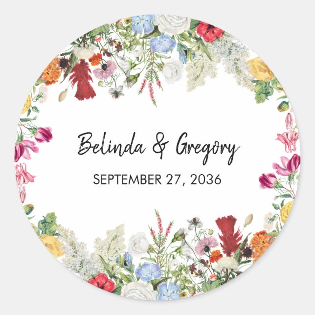 Floral Garden Colorful Flowers Wedding Classic Round Sticker (Front)
