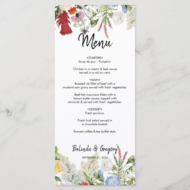 Floral Garden Colorful Flowers Wedding  Menu (Front)