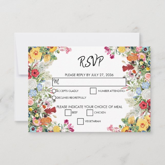 Floral Garden Colorful Flowers Wedding RSVP Card (Front)