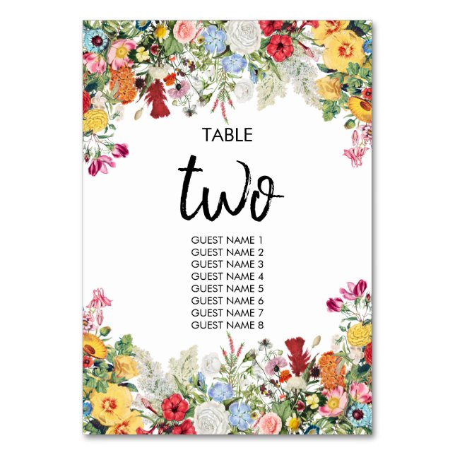 Floral Garden Colorful Flowers Wedding  Table Number (Front)