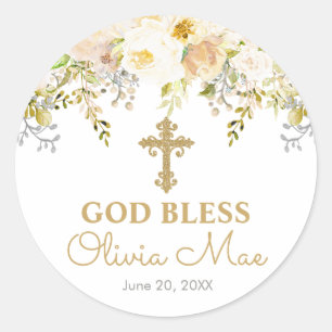 Floral Garden Cream and Gold Baptism Favor Classic Round Sticker