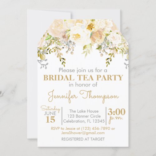 Floral Garden Cream  Gold Bridal Tea Party Invitation