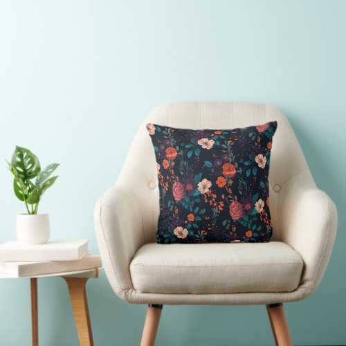 Floral Garden Cream Pink Red Blue Throw Pillow