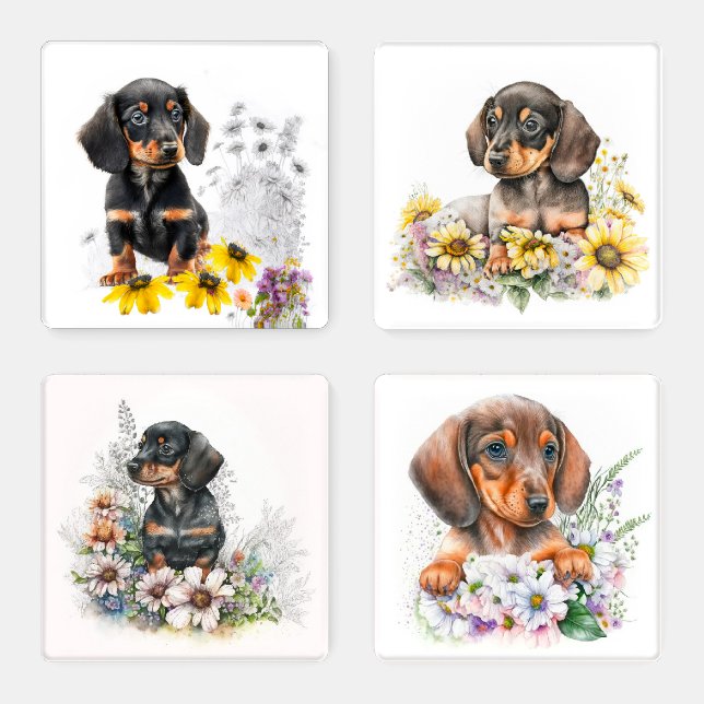 Floral Garden Dachshund Puppy Coaster Set (Set)