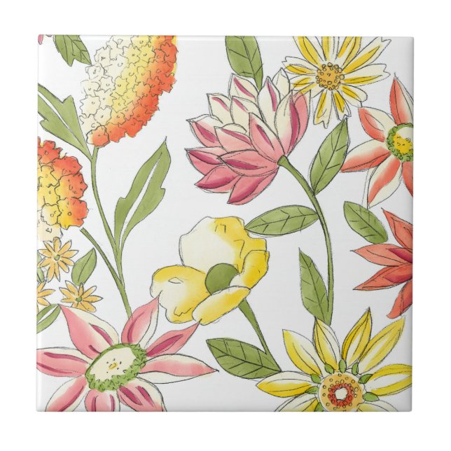Floral Garden Design with White Background Ceramic Tile (Front)