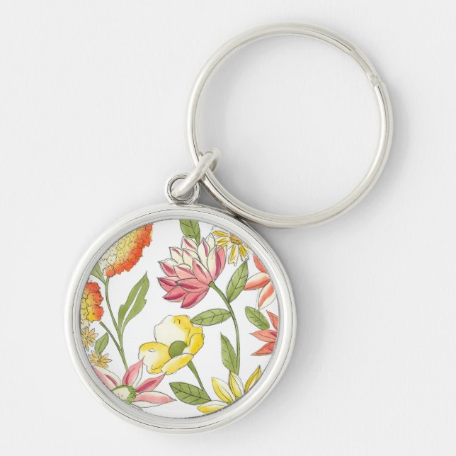 Floral Garden Design with White Background Keychain (Front)