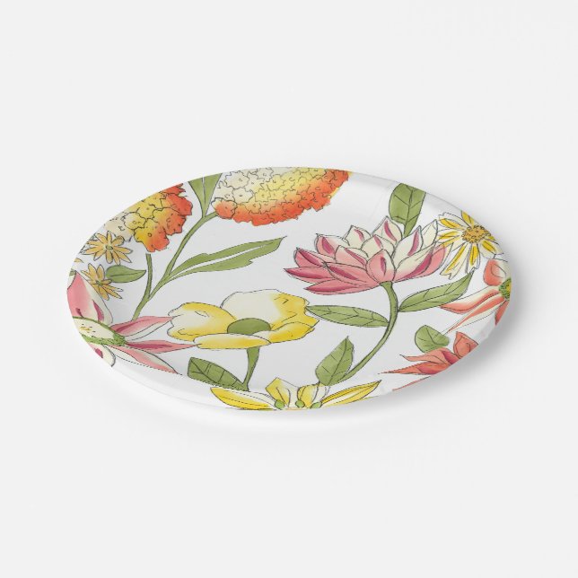 Floral Garden Design with White Background Paper Plates (Angled)