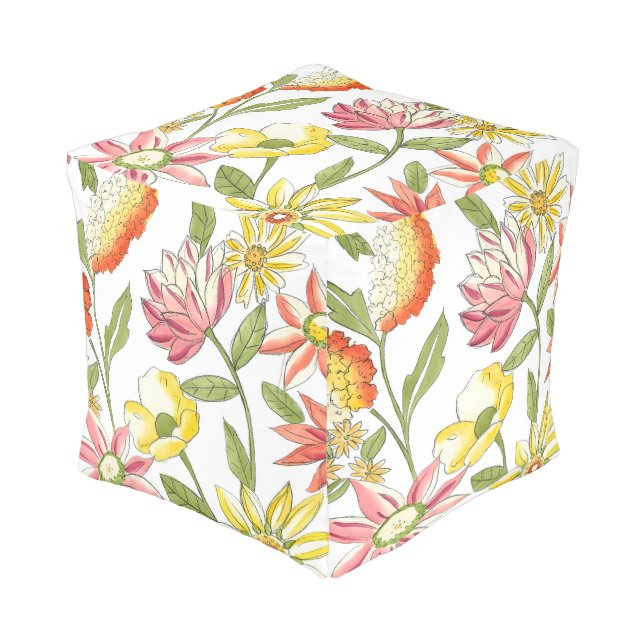 Floral Garden Design with White Background Pouf (Angled Front)