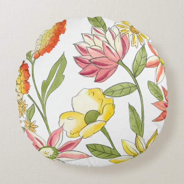 Floral Garden Design with White Background Round Pillow (Front)