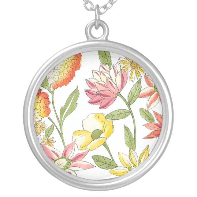 Floral Garden Design with White Background Silver Plated Necklace (Front)