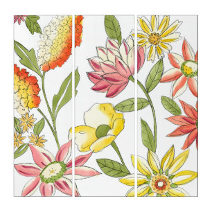 Floral Garden Design with White Background Triptych