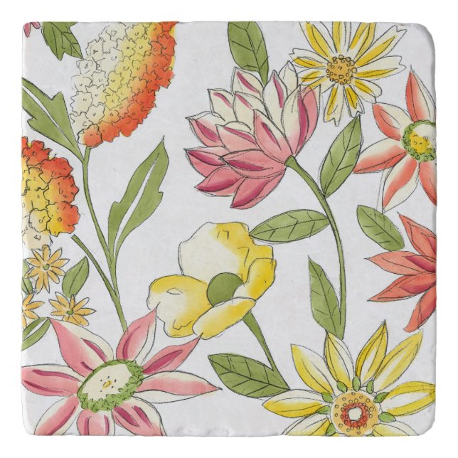 Floral Garden Design with White Background Trivet (Front)