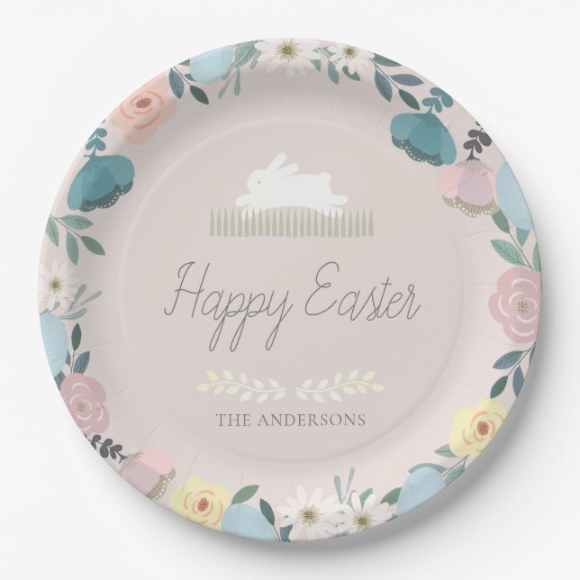 Floral Garden Easter Bunny Eggs Pink Paper Plates (Front)