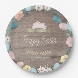 Floral Garden Easter Bunny Eggs Rustic Wood Paper Plates