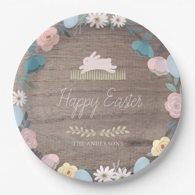 Floral Garden Easter Bunny Eggs Rustic Wood Paper Plates (Front)