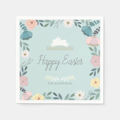 Floral Garden Easter Bunny Light Blue Napkins