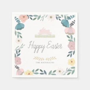 Floral Garden Easter Bunny White Napkins