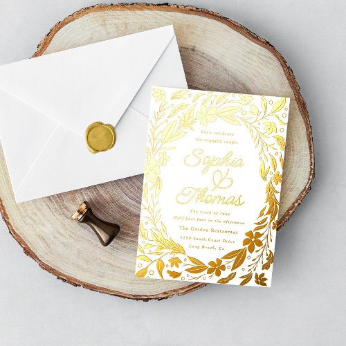 Floral Garden Engaged Couples Shower Gold Foil Invitation