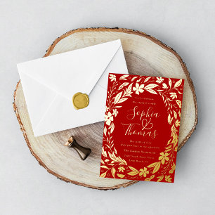 Floral Garden Engaged Couples Shower Red and Gold Foil Invitation