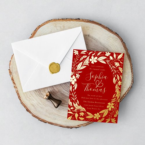 Floral Garden Engaged Couples Shower Red and Gold Foil Invitation