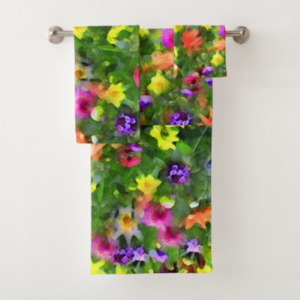 Floral Garden Flowers Abstract Green Bath Towels