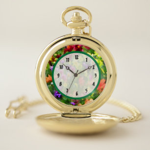 Floral Garden Flowers Green Pocket Watch