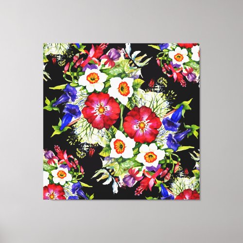 Floral Garden Flowers Narcissus Foliage White Red Canvas Print