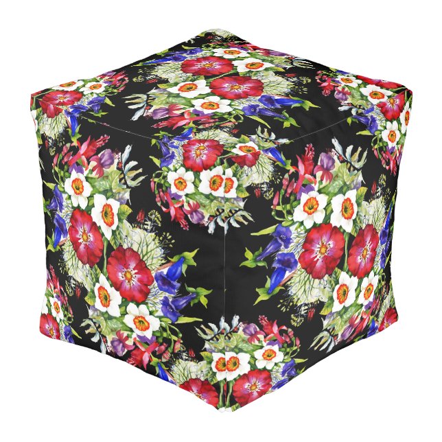 Floral Garden Flowers Narcissus Foliage White Red Pouf (Angled Front)