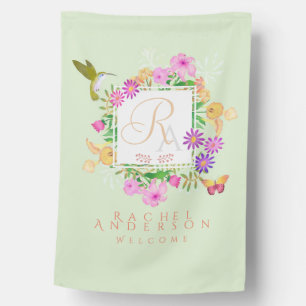 Floral Garden Green Monogram House Flag
