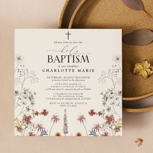 Floral Garden Holy Baptism Watercolor Wildflower Invitation
