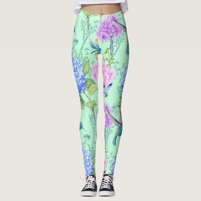 Floral Garden Hummingbird Dragonfly Butterfly Leggings (Front)