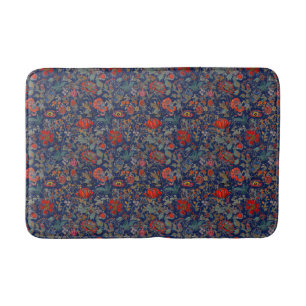 Floral Garden in Reds on Dark Blue Background Bath Mat