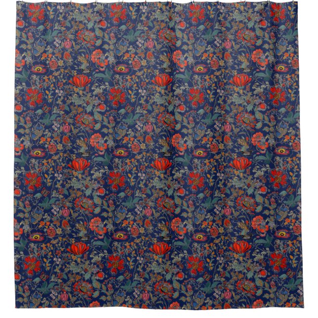 Floral Garden in Reds on Dark Blue Background Shower Curtain (Front)