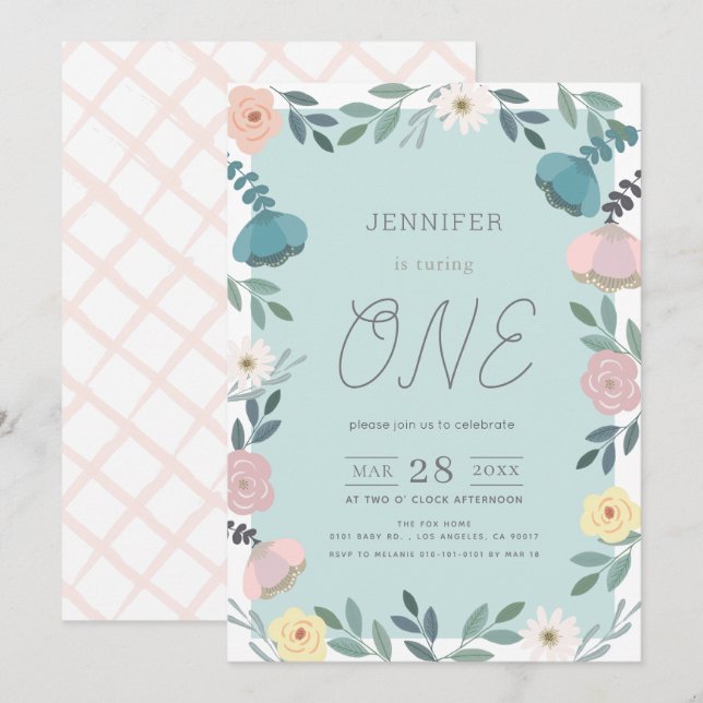Floral Garden Light Blue GIrl 1st Birthday Invitation (Front/Back)