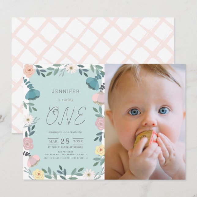 Floral Garden Light Blue GIrl Photo 1st Birthday Invitation (Front/Back)