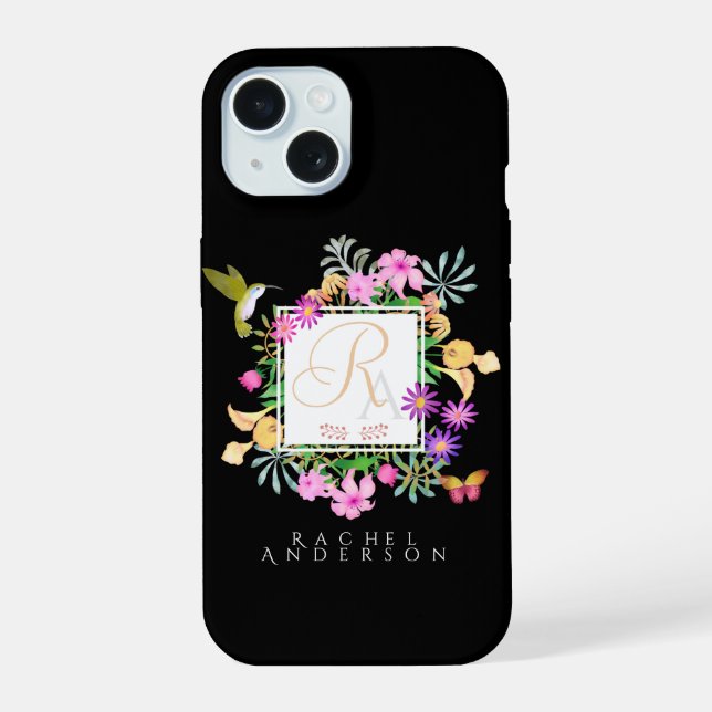 Floral garden Monogram Black iPhone 15 Case (Back)