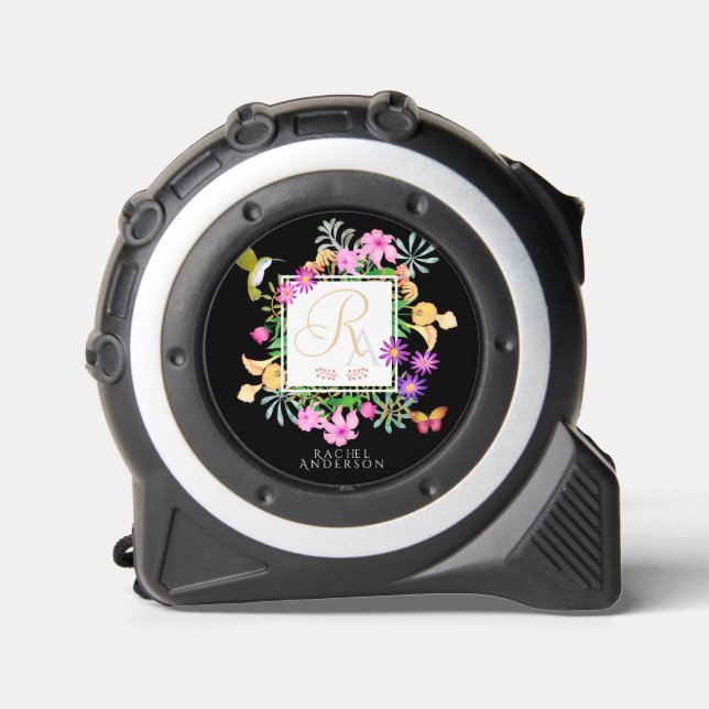 Floral Garden Monogram Black Tape Measure (Front)