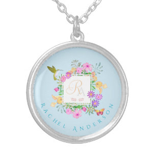 Floral Garden Monogram Blue Silver Plated Necklace