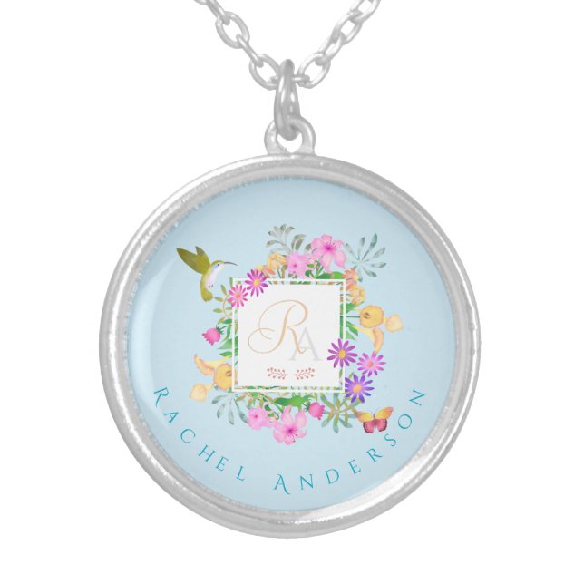 Floral Garden Monogram Blue Silver Plated Necklace (Front)