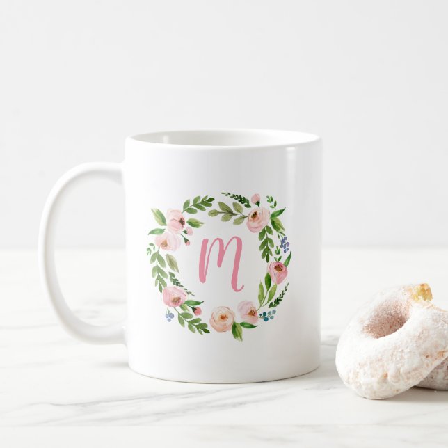 Floral Garden Monogram Coffee Mug Gift (With Donut)