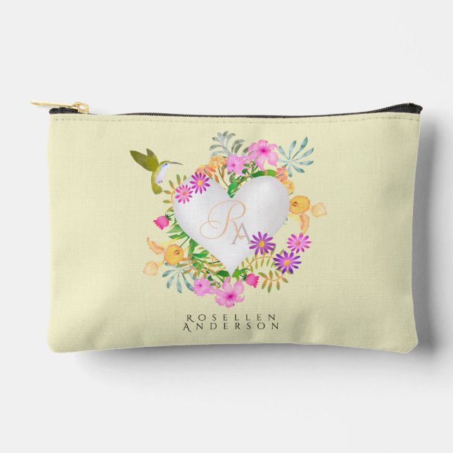 Floral Garden Monogram Heart Beige Accessory Pouch (Front)